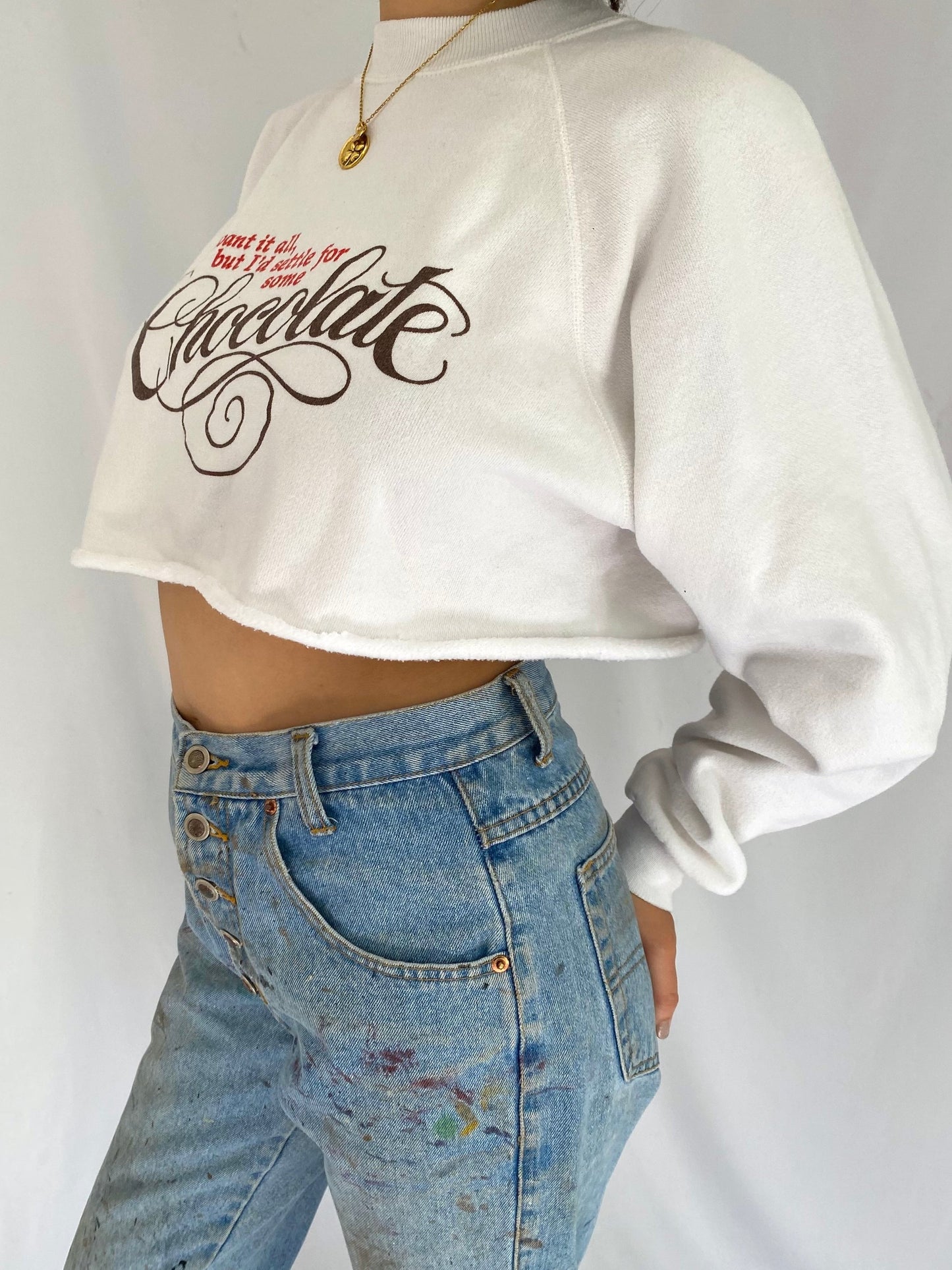 90s vintage I’d settle for chocolate cropped pullover sweater – medium, large | funny cute spellout long sleeved sweatshirt