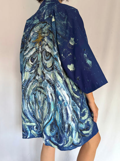 60s vintage blue hand painted Japanese haori – one size, unisex | made in japan unique art to wear open front kimono robe