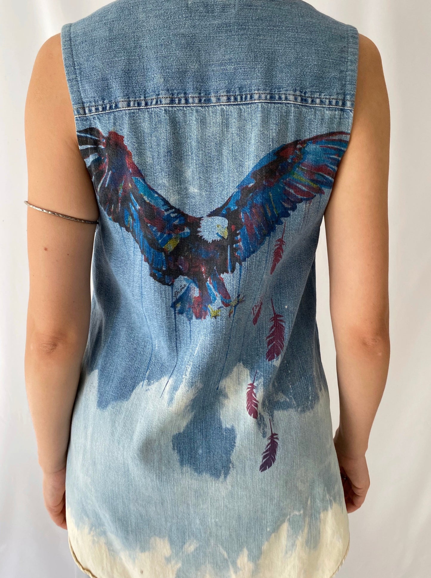 vintage reworked blue denim Levis feather eagle button up vest – medium | unique upcycled graffiti sleeveless shirt