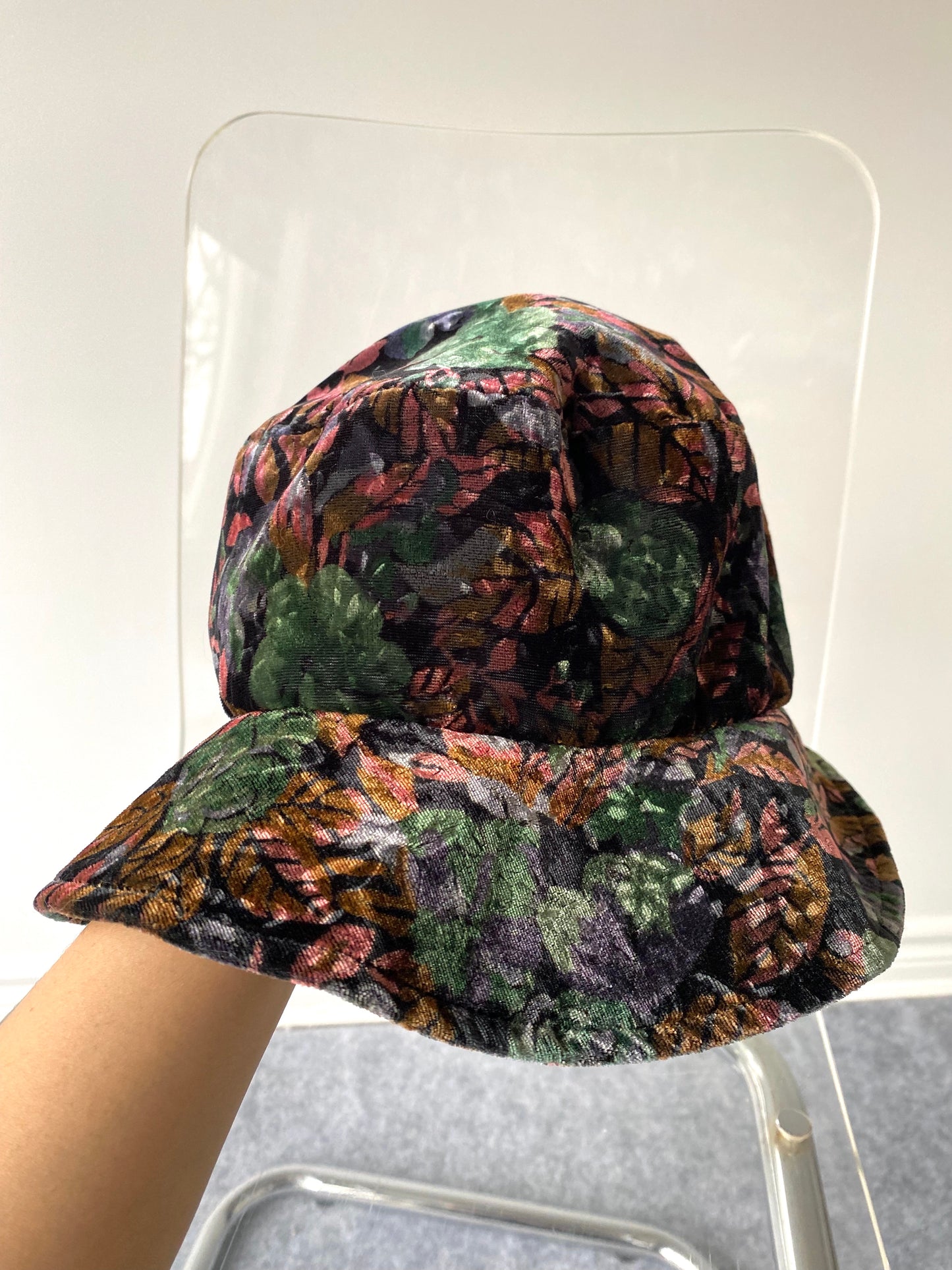 90s y2k vintage brown green camouflage leaves velour bucket hat - womens small | summer festival indie sleaze velvet sun cap