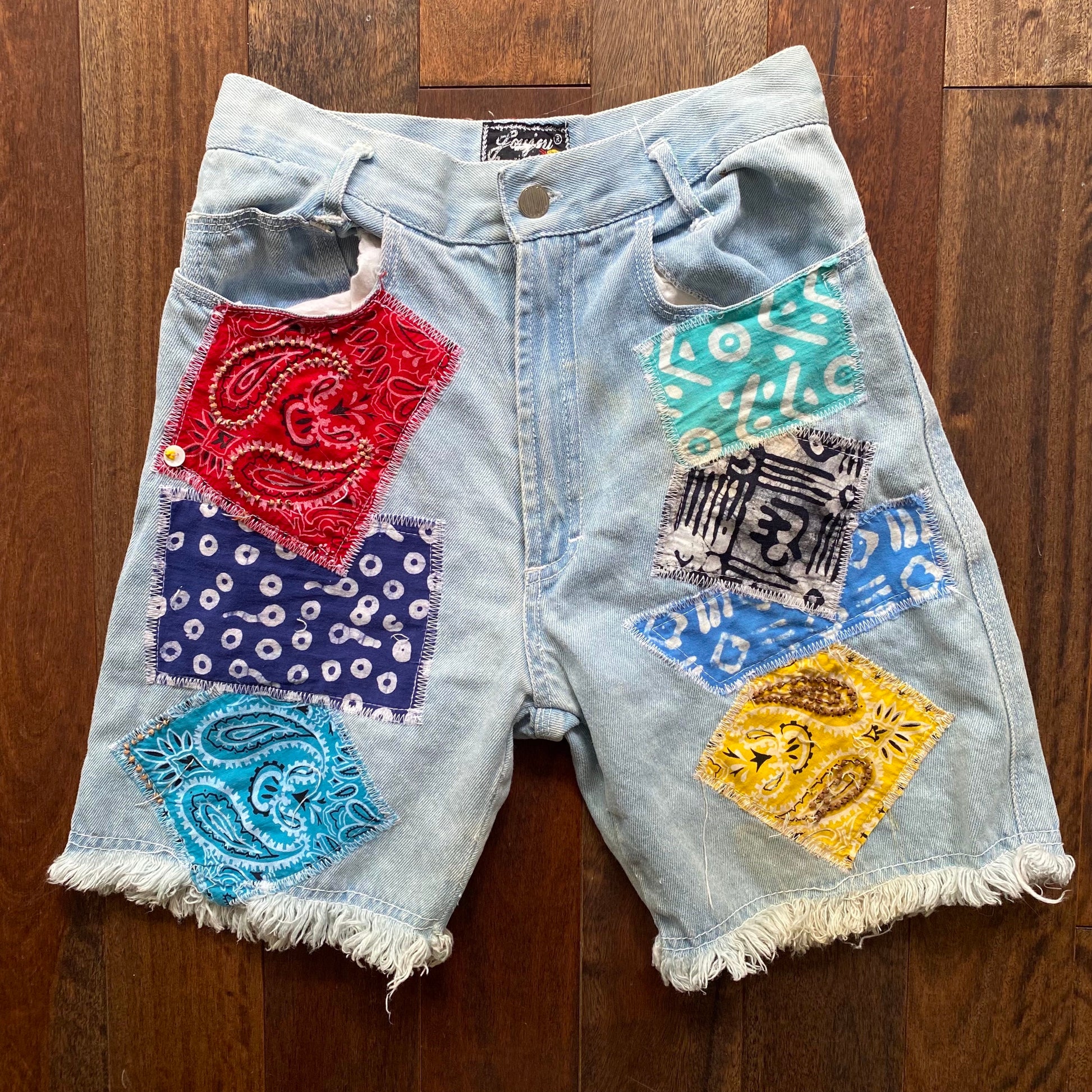 90s vintage denim patchwork cut off frayed long shorts
