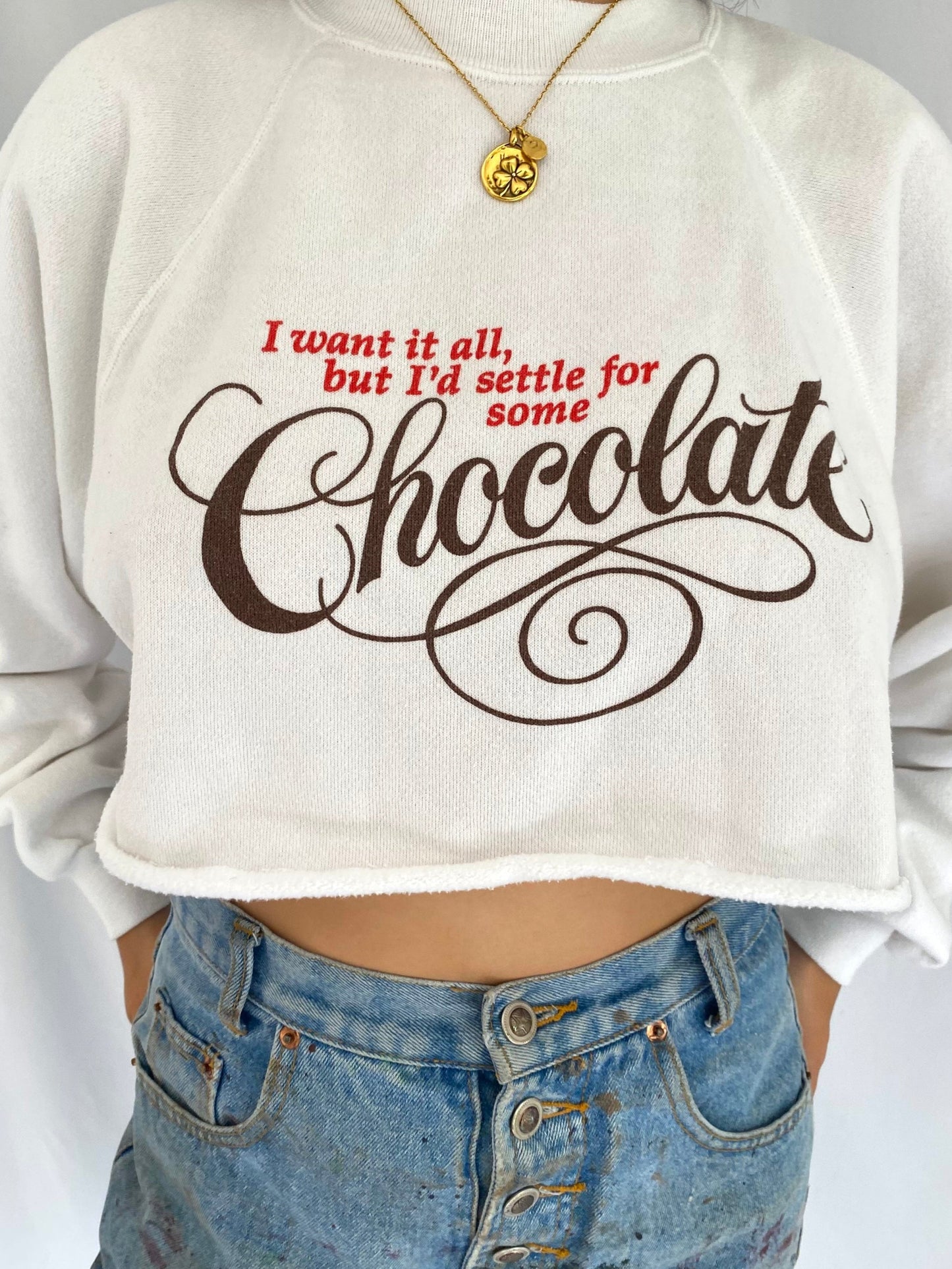 90s vintage I’d settle for chocolate cropped pullover sweater – medium, large | funny cute spellout long sleeved sweatshirt