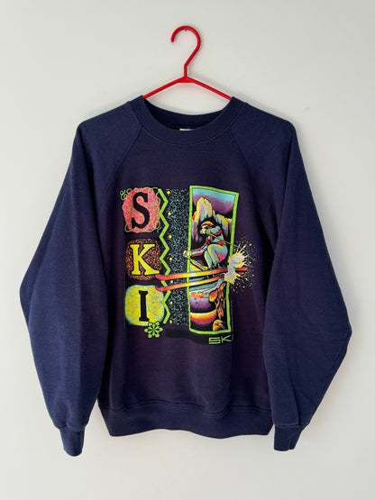 90s vintage blue neon ski graphic pullover sweater – medium | unisex outdoor winter sports long sleeved sweatshirt