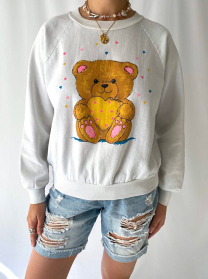 80s 90s vintage pastel teddy bear pullover sweater – extra small, small