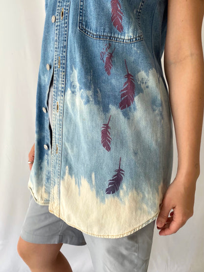 vintage reworked blue denim Levis feather eagle button up vest – medium | unique upcycled graffiti sleeveless shirt