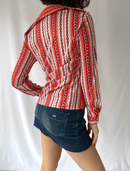 70s vintage red white chain link print long sleeved blouse – small, medium | retro mod collared button up shirt