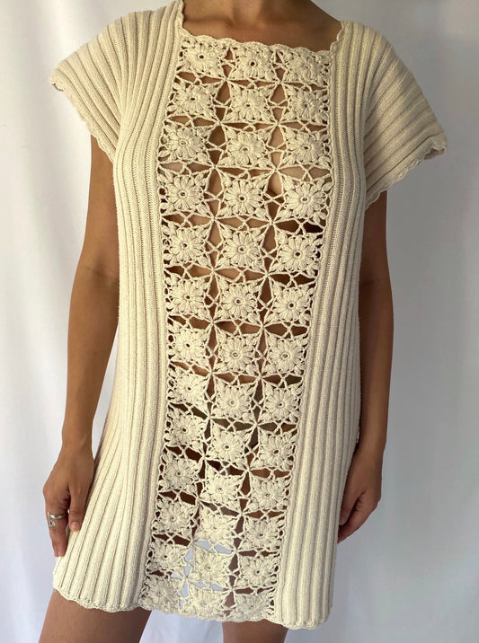 90s vintage cream open knit crochet midi dress – medium, large | natural see through sleeveless beach cover up