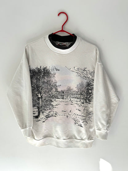 90s vintage white snowy winter scene pullover sweatshirt – small | outdoor holiday landscape long sleeved collared sweater