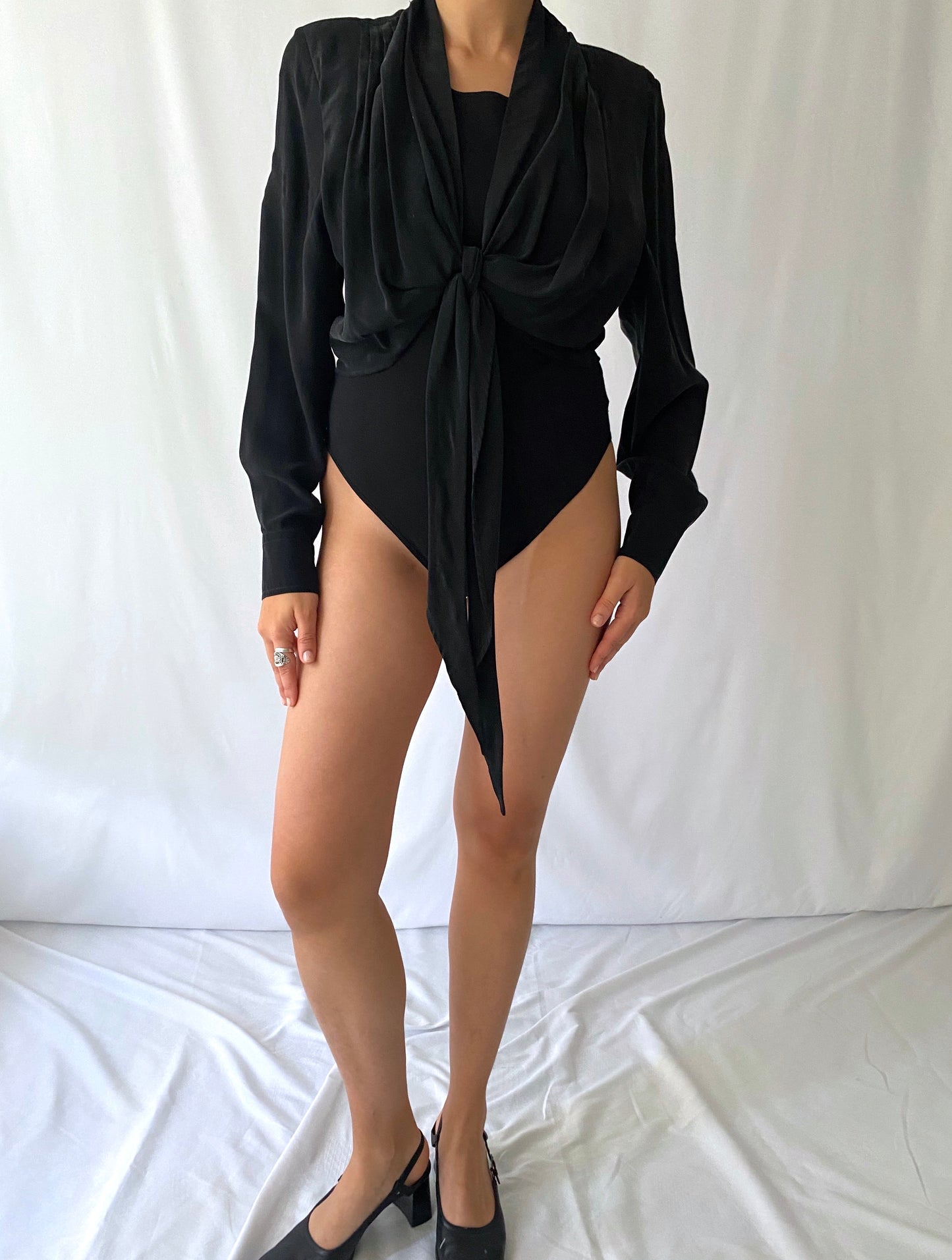 80s vintage long sleeved black pure silk blouse bodysuit with front tie bow - small, medium | dance party leotard one piece