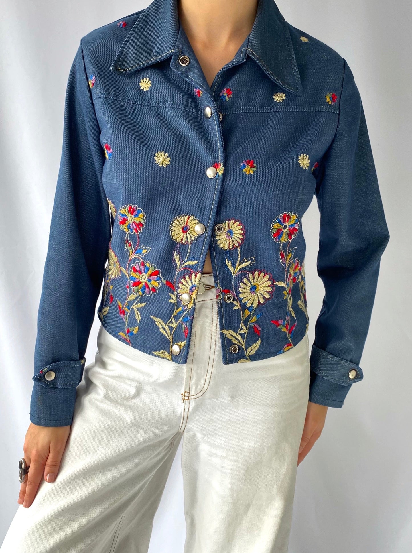 70s vintage blue denim colorful floral embroidered button up shirt