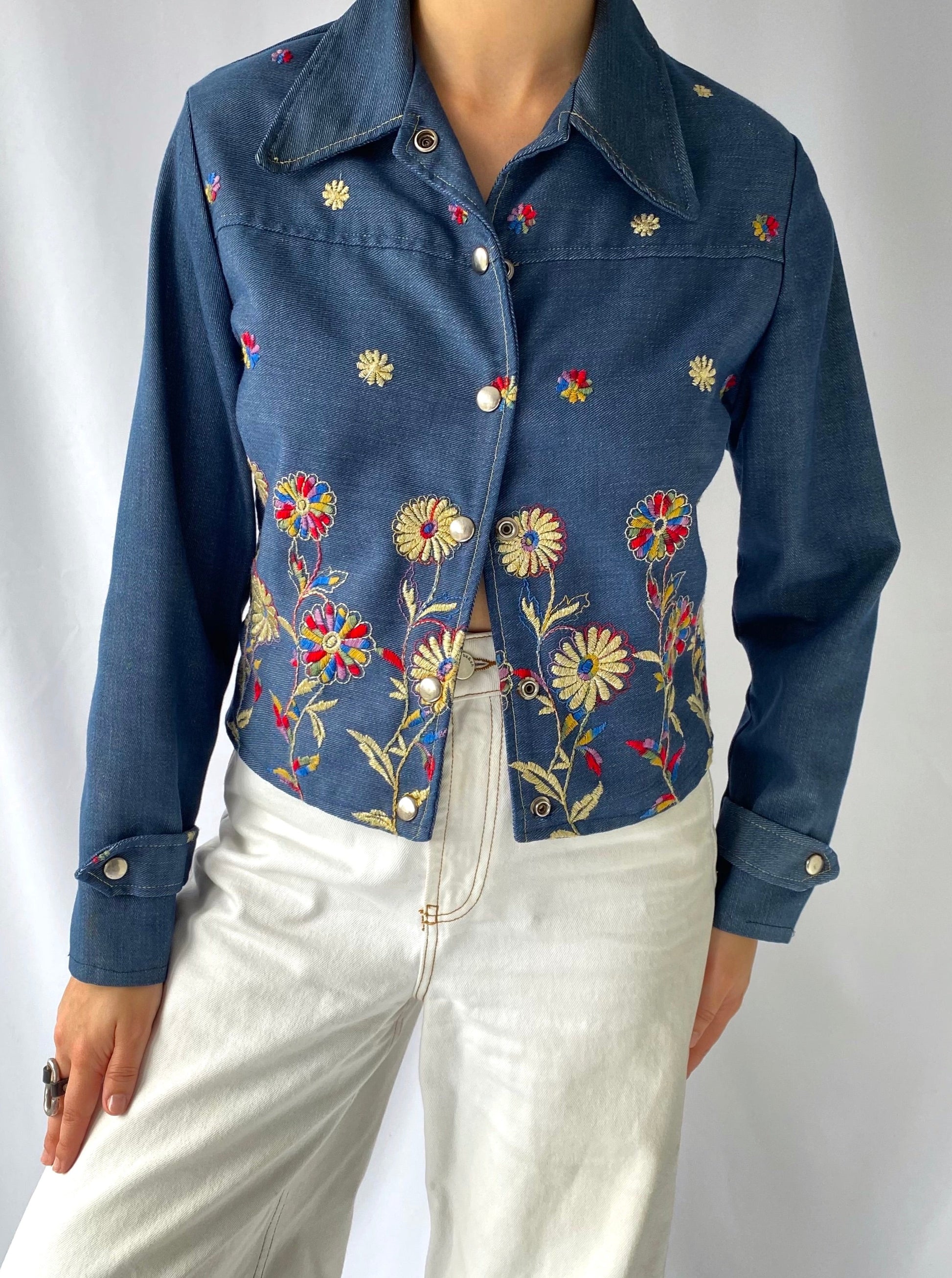 70s vintage blue denim colorful floral embroidered button up shirt