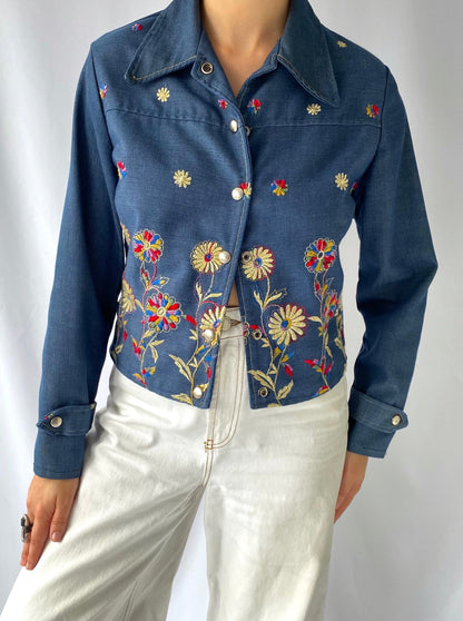 70s vintage blue denim colorful floral embroidered button up shirt