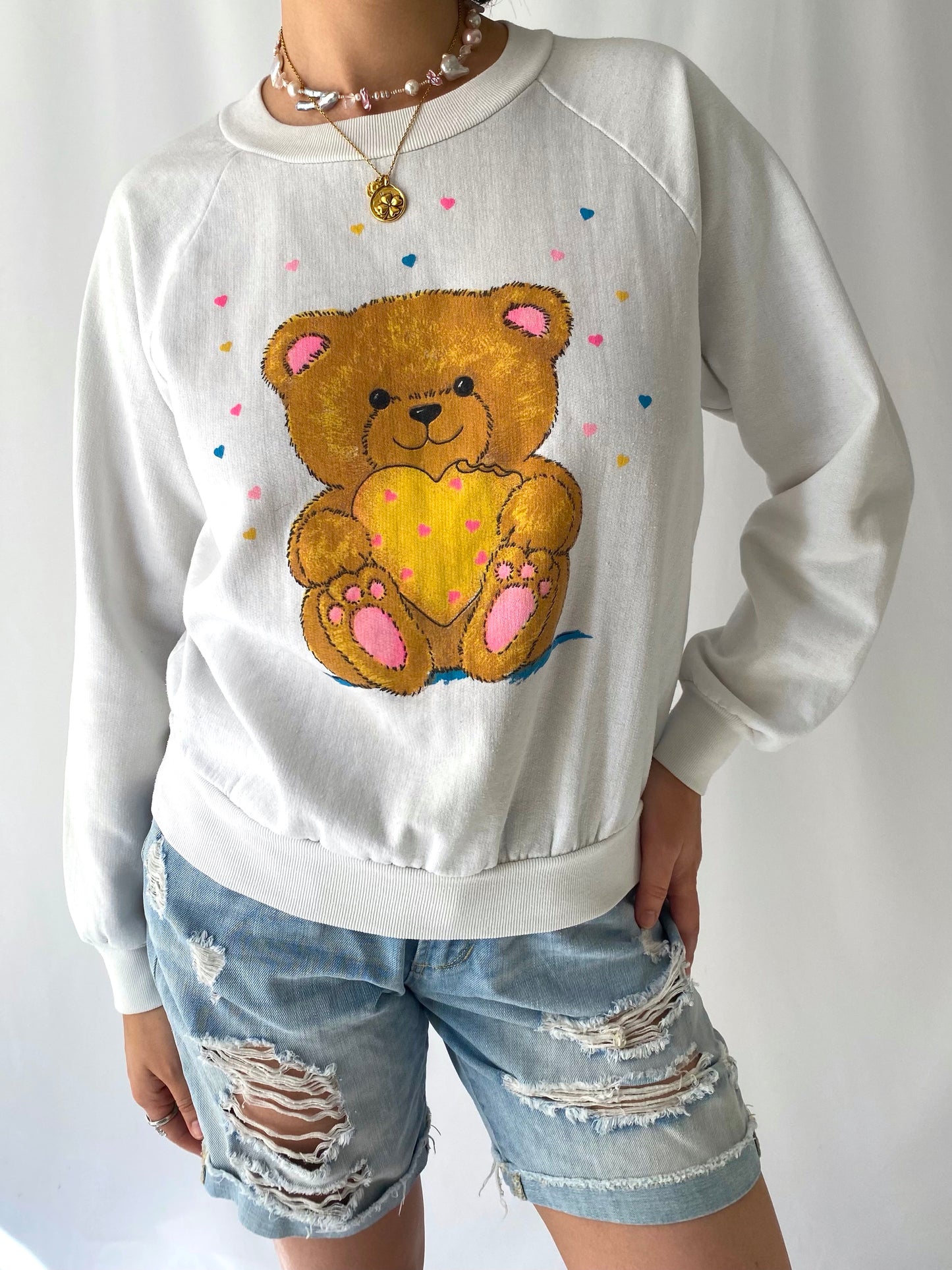 80s 90s vintage pastel teddy bear pullover sweater – extra small, small