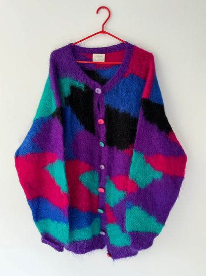80s vintage multicolor mohair wool hand knit cardigan sweater 