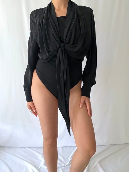 80s vintage long sleeved black pure silk blouse bodysuit with front tie bow - small, medium | dance party leotard one piece