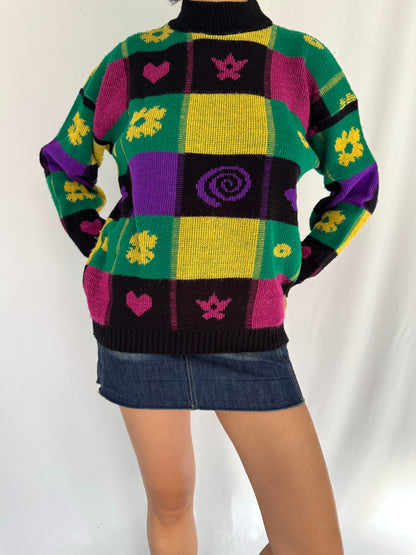 80s vintage multicolor funky abstract print knit sweater
