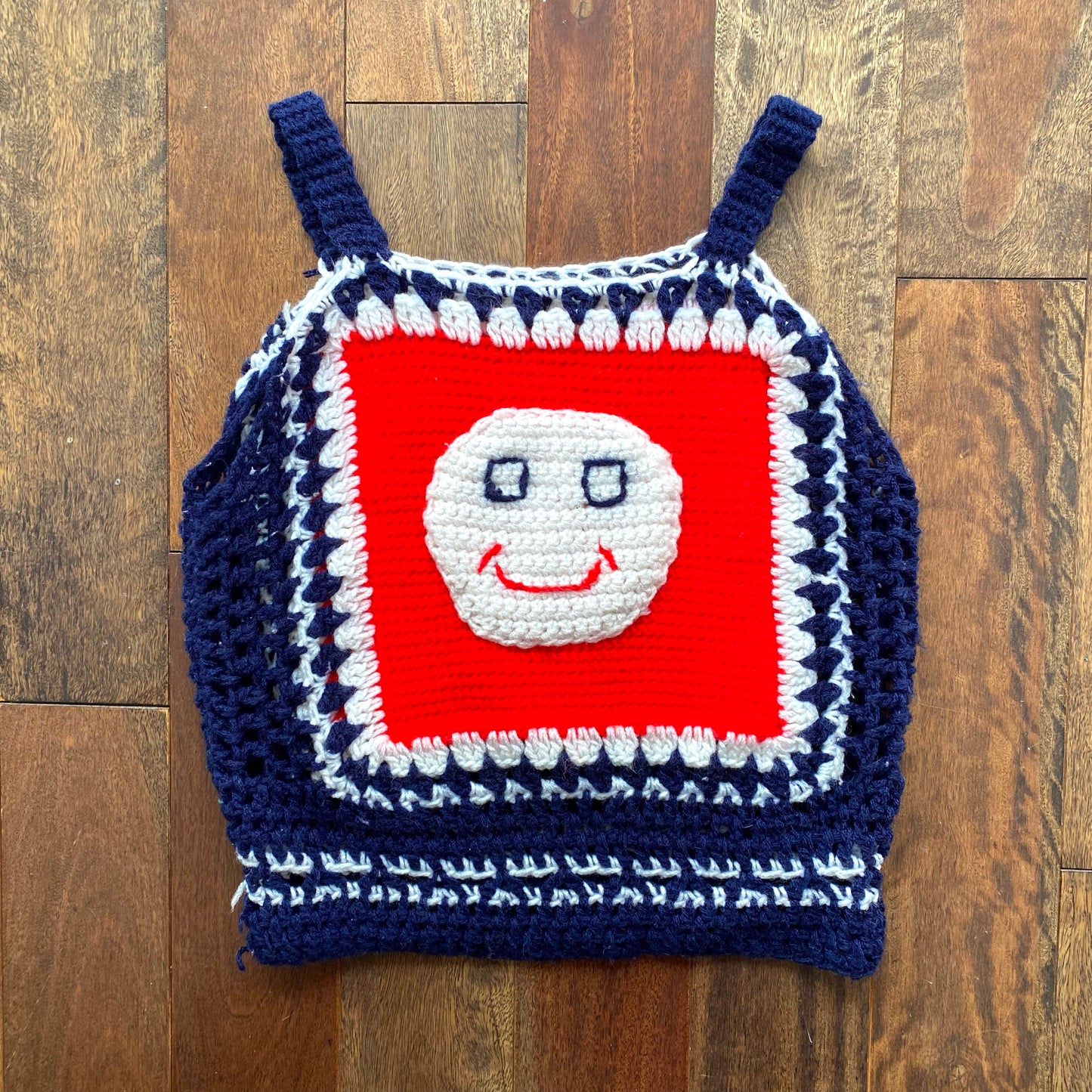 70s vintage handmade navy blue red smiley face granny square tank top