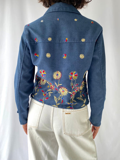 70s vintage blue denim colorful floral embroidered button up shirt