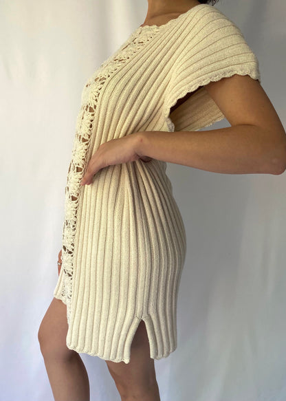 90s vintage cream open knit crochet midi dress – medium, large | natural see through sleeveless beach cover up