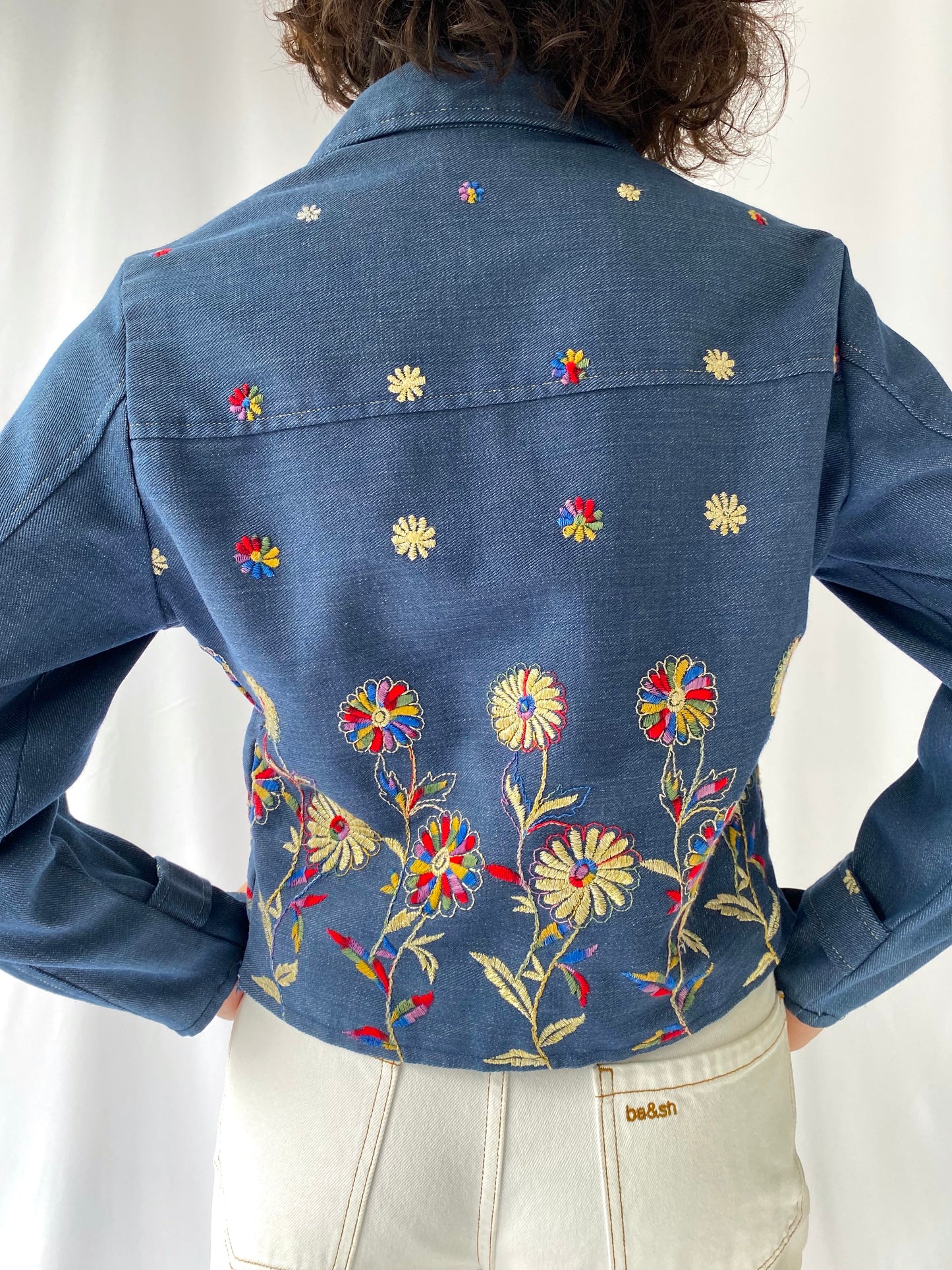 70s vintage blue denim colorful floral embroidered button up shirt