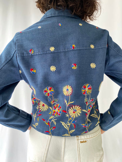 70s vintage blue denim colorful floral embroidered button up shirt