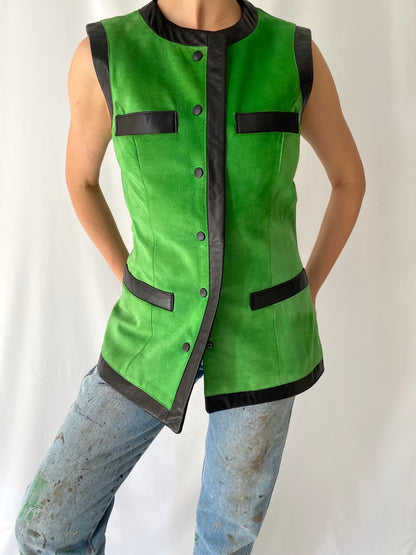 90s vintage danier green neon suede leather button up vest – small | bright casual retro waistcoat canada