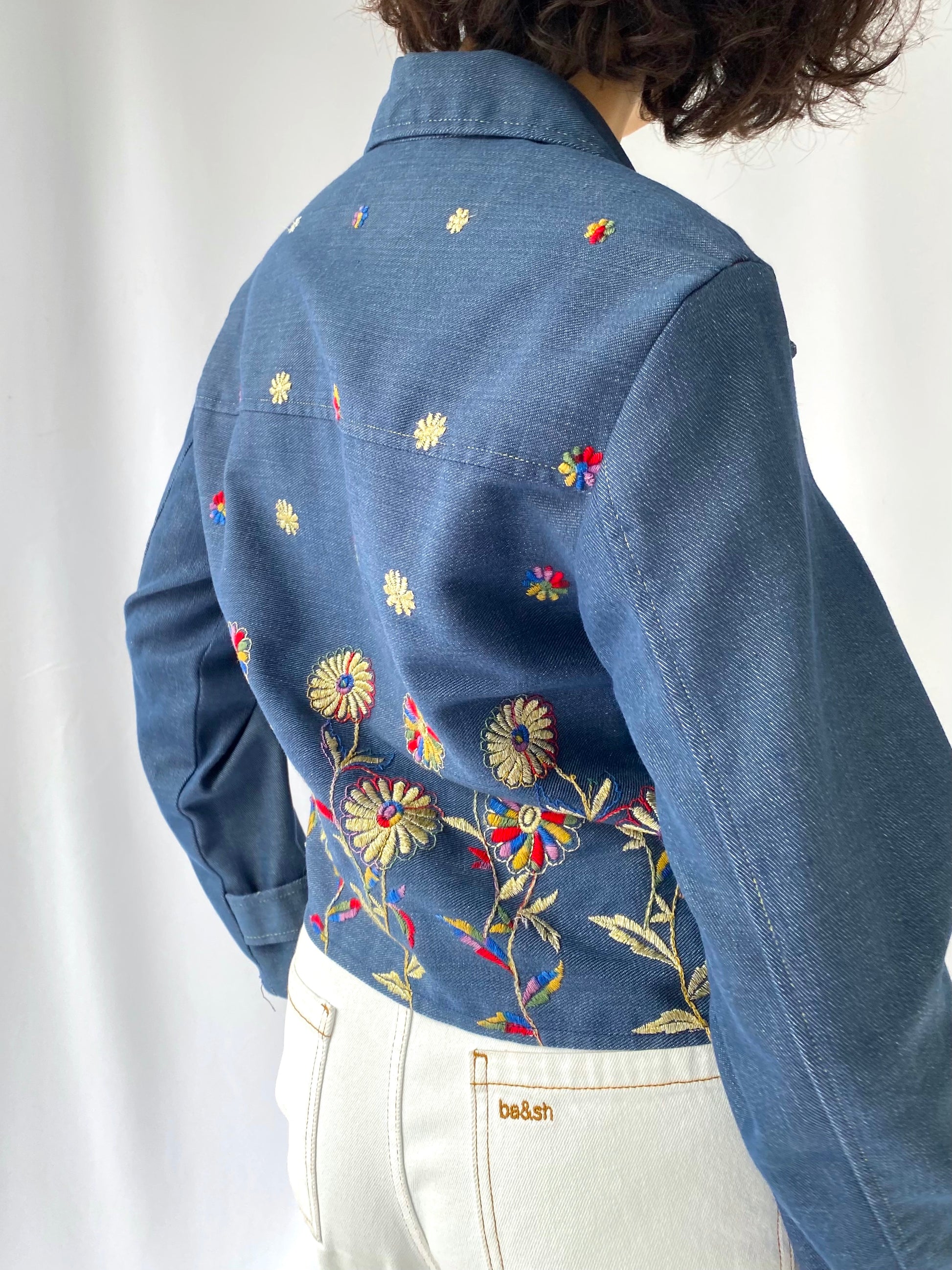 70s vintage blue denim colorful floral embroidered button up shirt