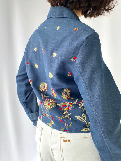 70s vintage blue denim colorful floral embroidered button up shirt