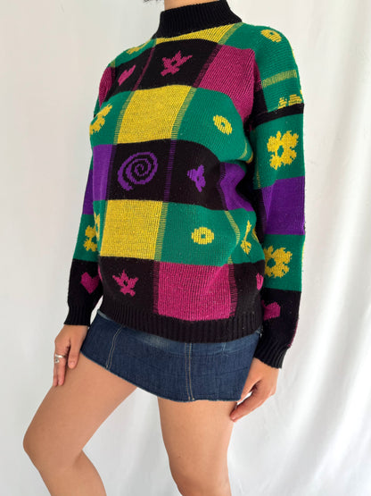 80s vintage multicolor funky abstract print knit sweater