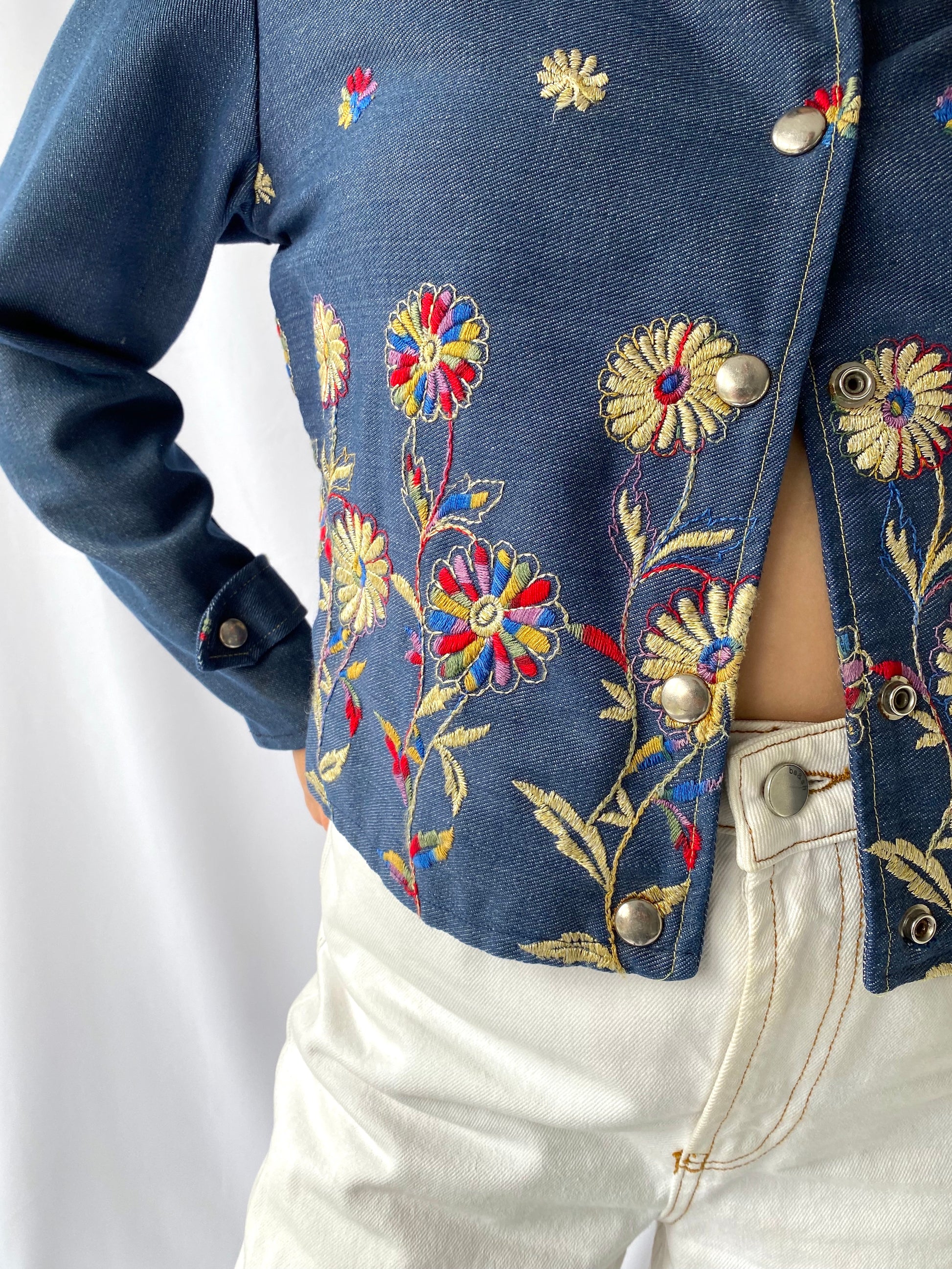 70s vintage blue denim colorful floral embroidered button up shirt