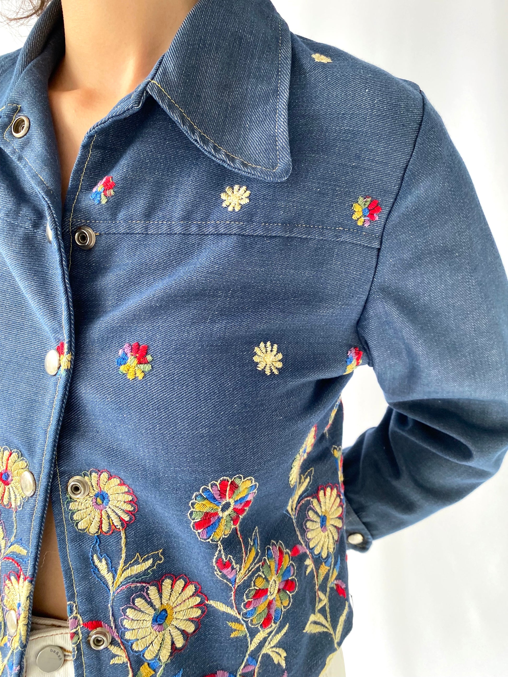 70s vintage blue denim colorful floral embroidered button up shirt