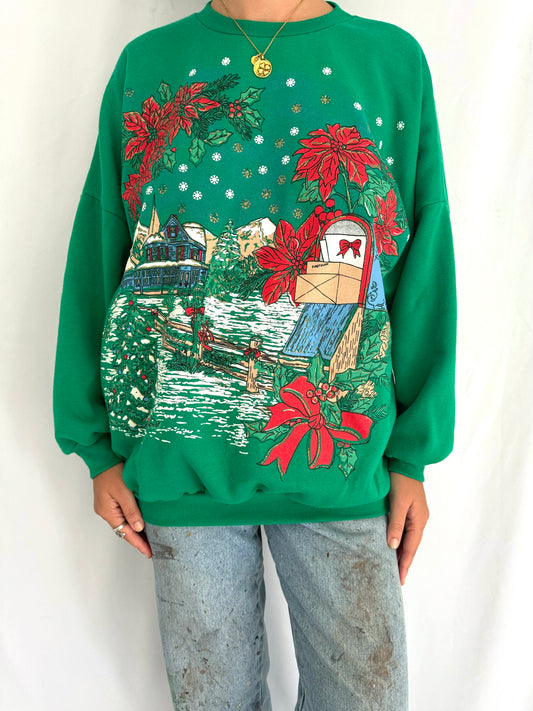 90s vintage green festive holiday scene pullover sweater – medium | Christmas winter snowy landscape outdoor graphic crewneck sweatshirt