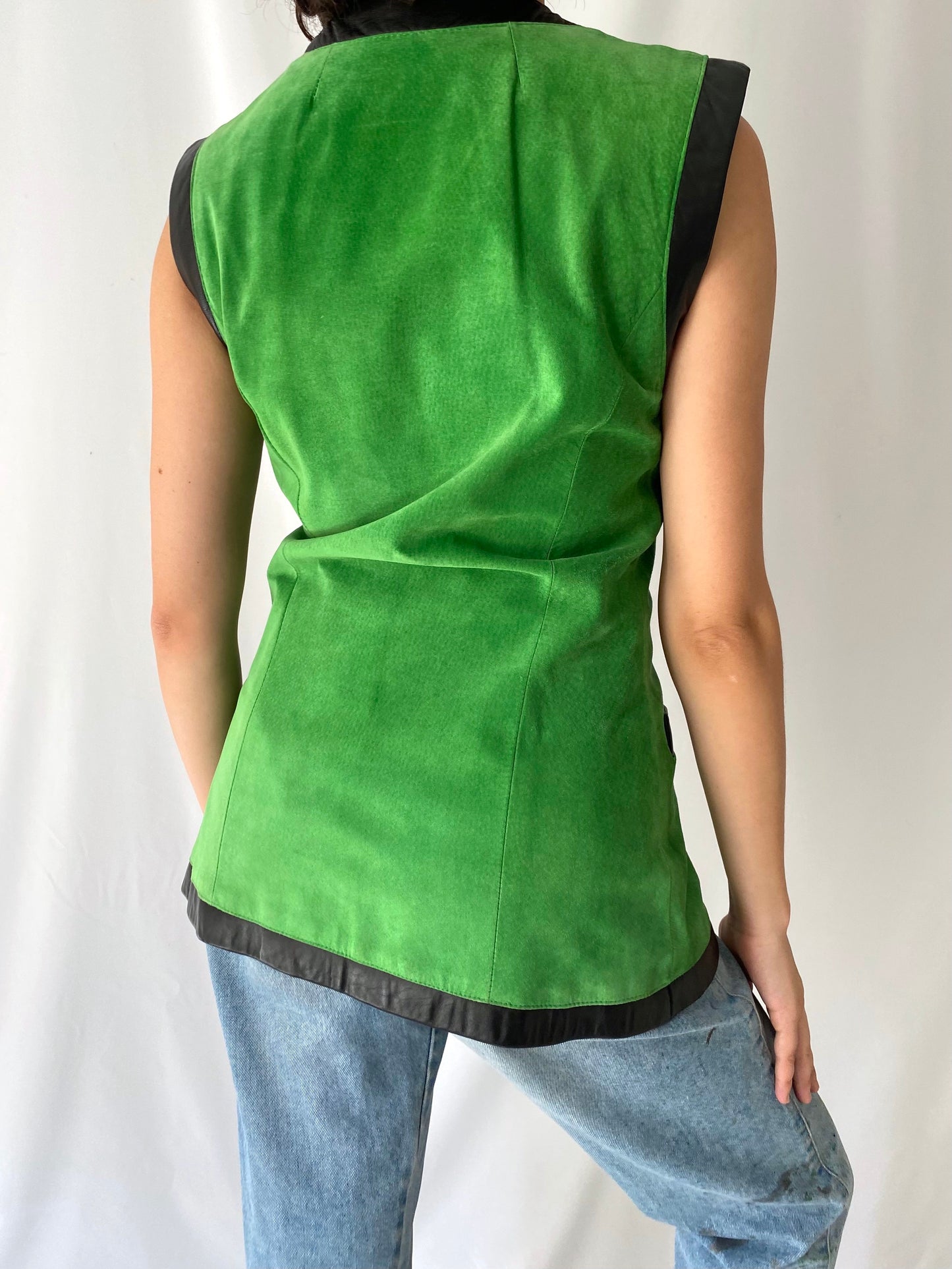 90s vintage danier green neon suede leather button up vest – small | bright casual retro waistcoat canada