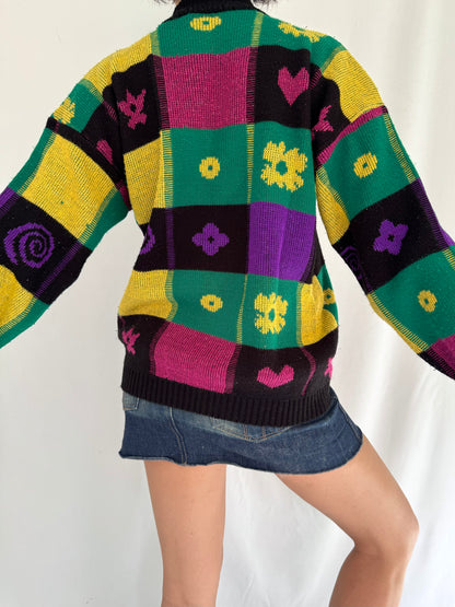 80s vintage multicolor funky abstract print knit sweater