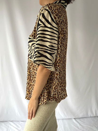 90s vintage brown leopard sheer button up blouse – medium, large | half sleeve see through retro animal print collared shirt