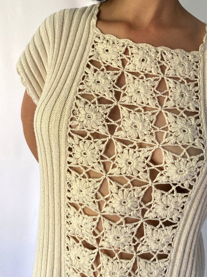 90s vintage cream open knit crochet midi dress – medium, large | natural see through sleeveless beach cover up