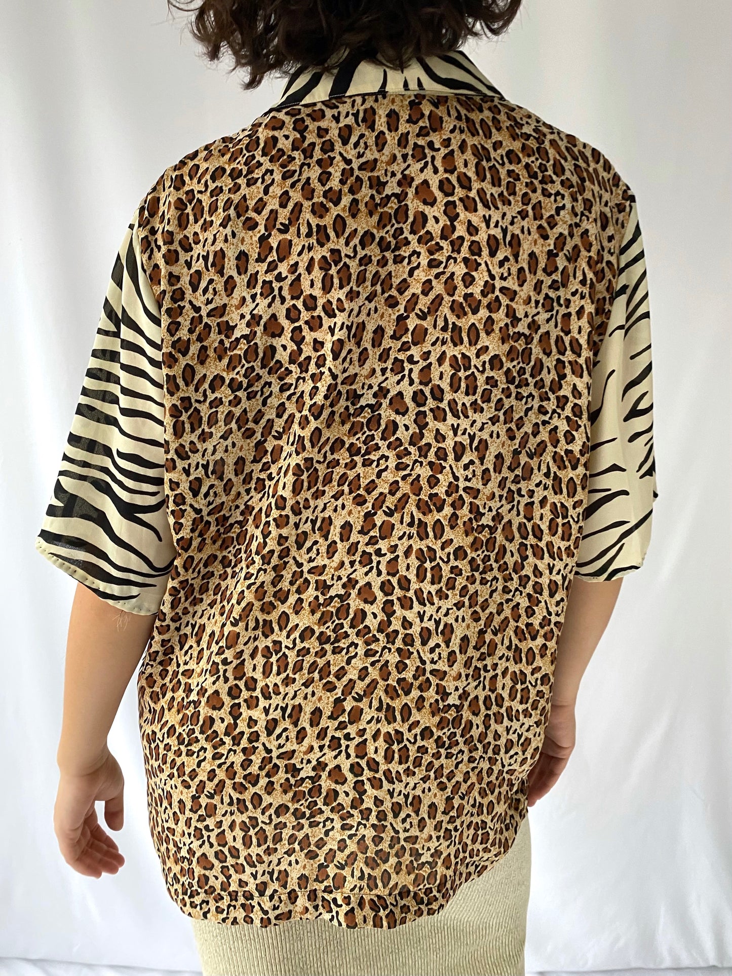 90s vintage brown leopard sheer button up blouse – medium, large | half sleeve see through retro animal print collared shirt