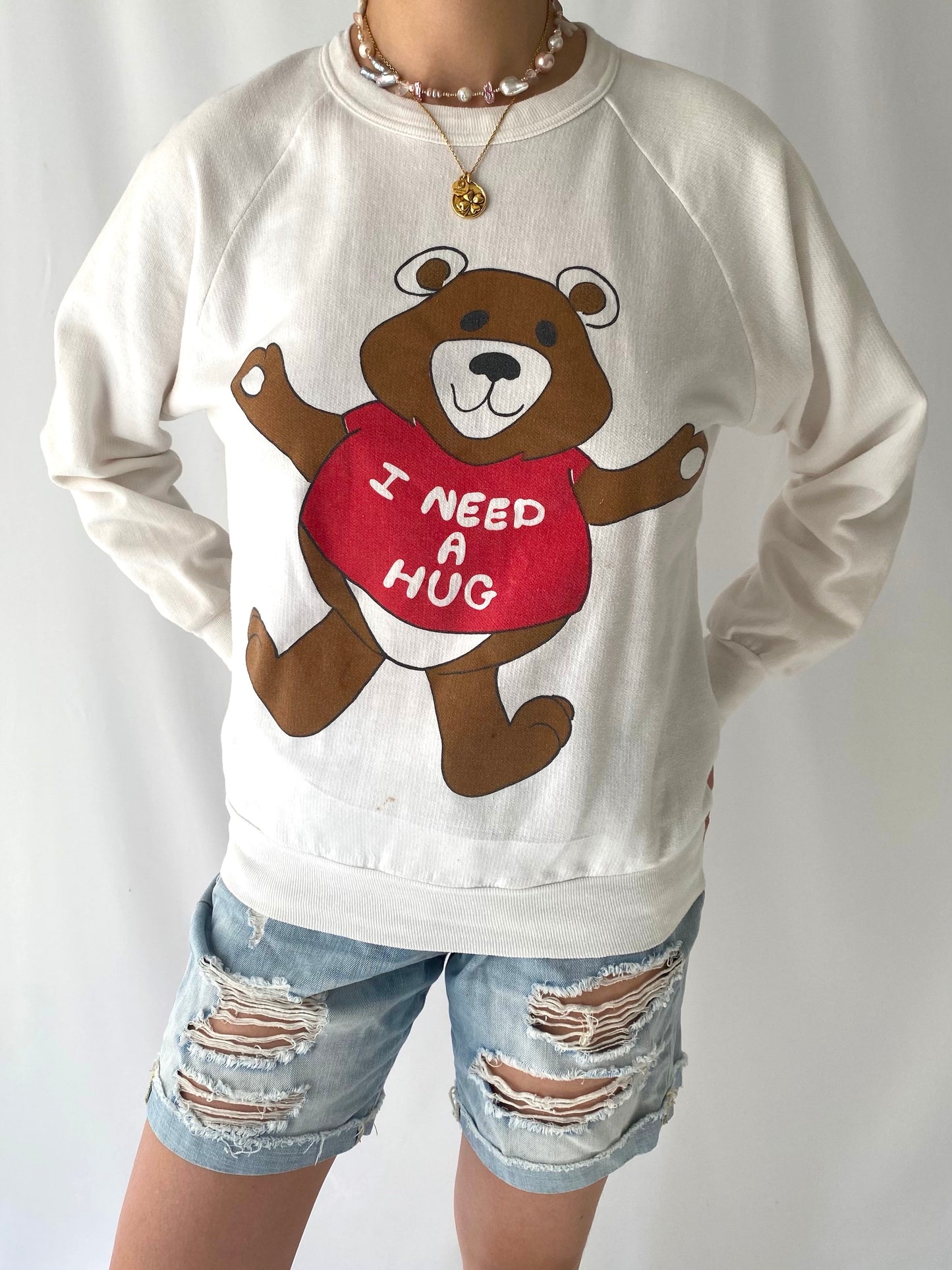 80s 90s vintage I Need A Hug teddy bear pullover sweater – extra small, small