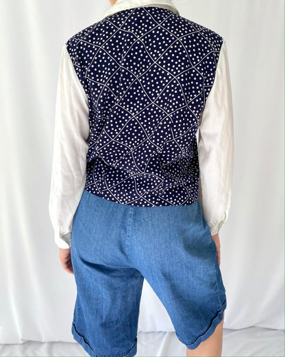 90s vintage polka dot navy blue white attached vest blouse – small | novelty retro layered collared button up shirt