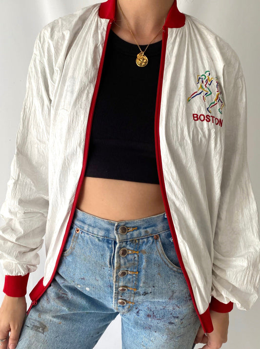 90s vintage white red boston marathon paper thin windbreaker – small, medium | unisex retro lightweight casual jacket USA