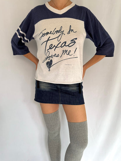 80s vintage navy white somebody in texas loves me baseball tee shirt – small, medium | graphic travel souvenir half sleeved top