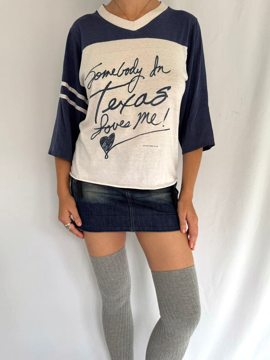 80s vintage navy white somebody in texas loves me baseball tee shirt – small, medium | graphic travel souvenir half sleeved top