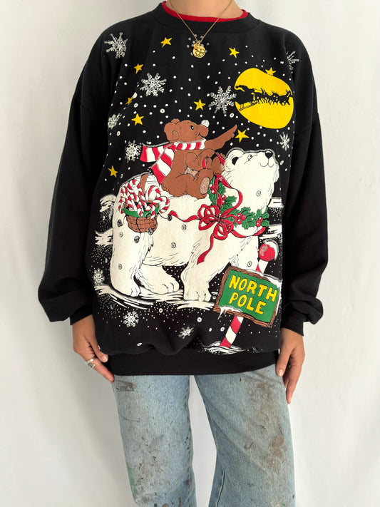 80s vintage black christmas scene teddy bear graphic pullover sweater – large | festive winter holiday santa snowy outdoor collared jumper