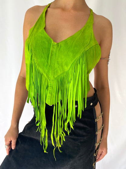 80s 90s vintage handmade green suede leather fringe halter top – one size | festival western backless tank