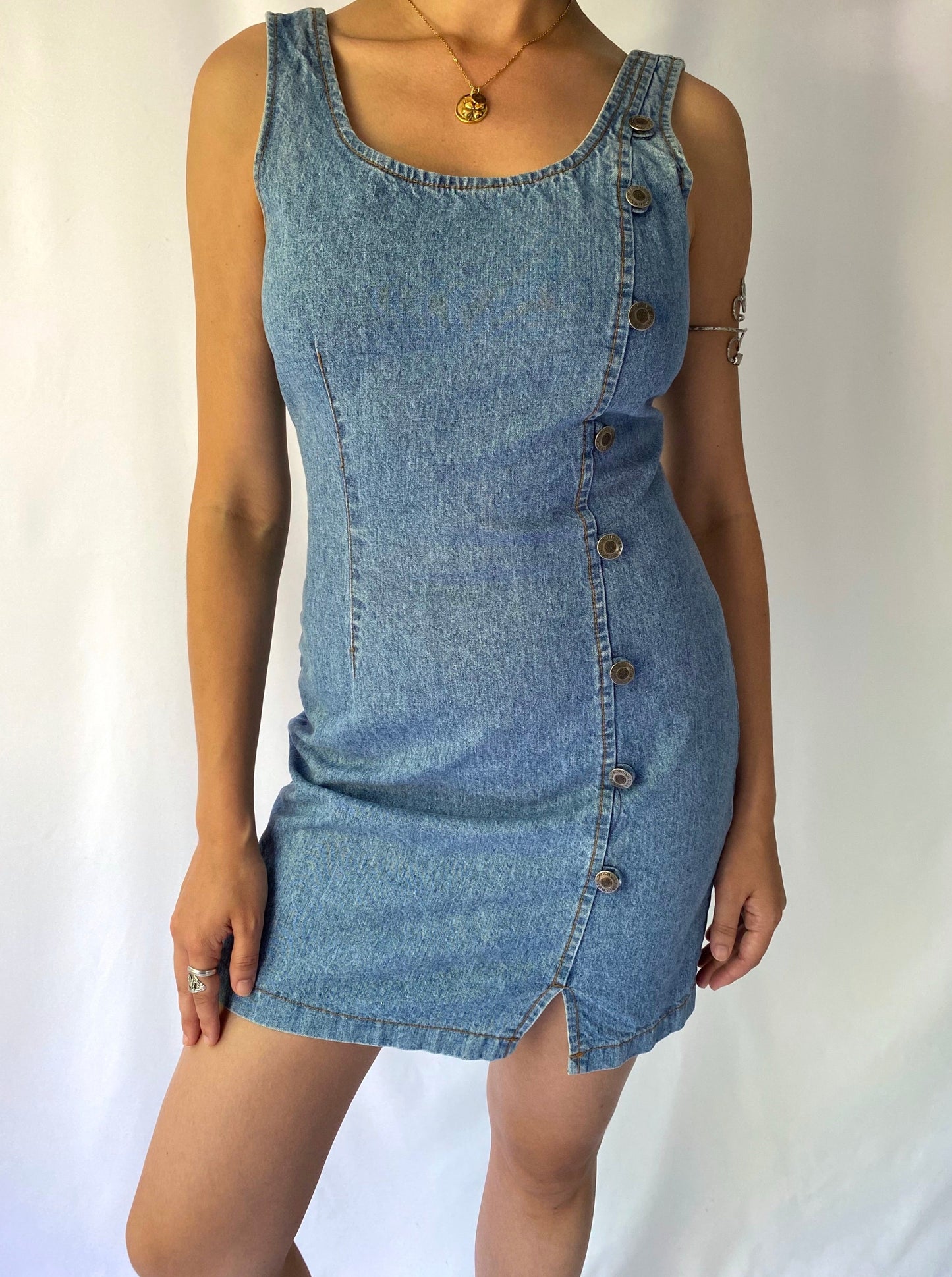 90s vintage light blue denim classic fitted sleeveless mini dress – small | switch usa bodycon retro jean buttons zip summer short minidress