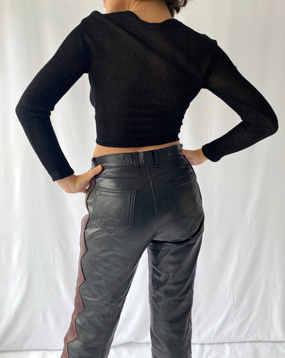 90s vintage versace jeans couture black knit crop shirt – small | long sleeved wrap plunge blouse