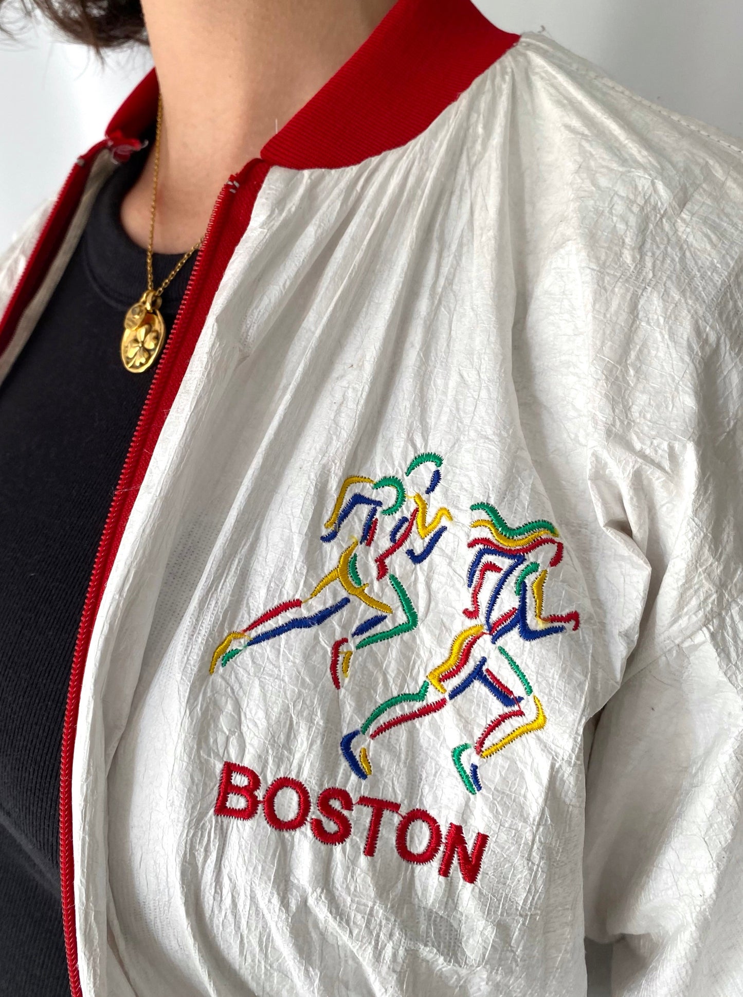 90s vintage white red boston marathon paper thin windbreaker – small, medium | unisex retro lightweight casual jacket USA