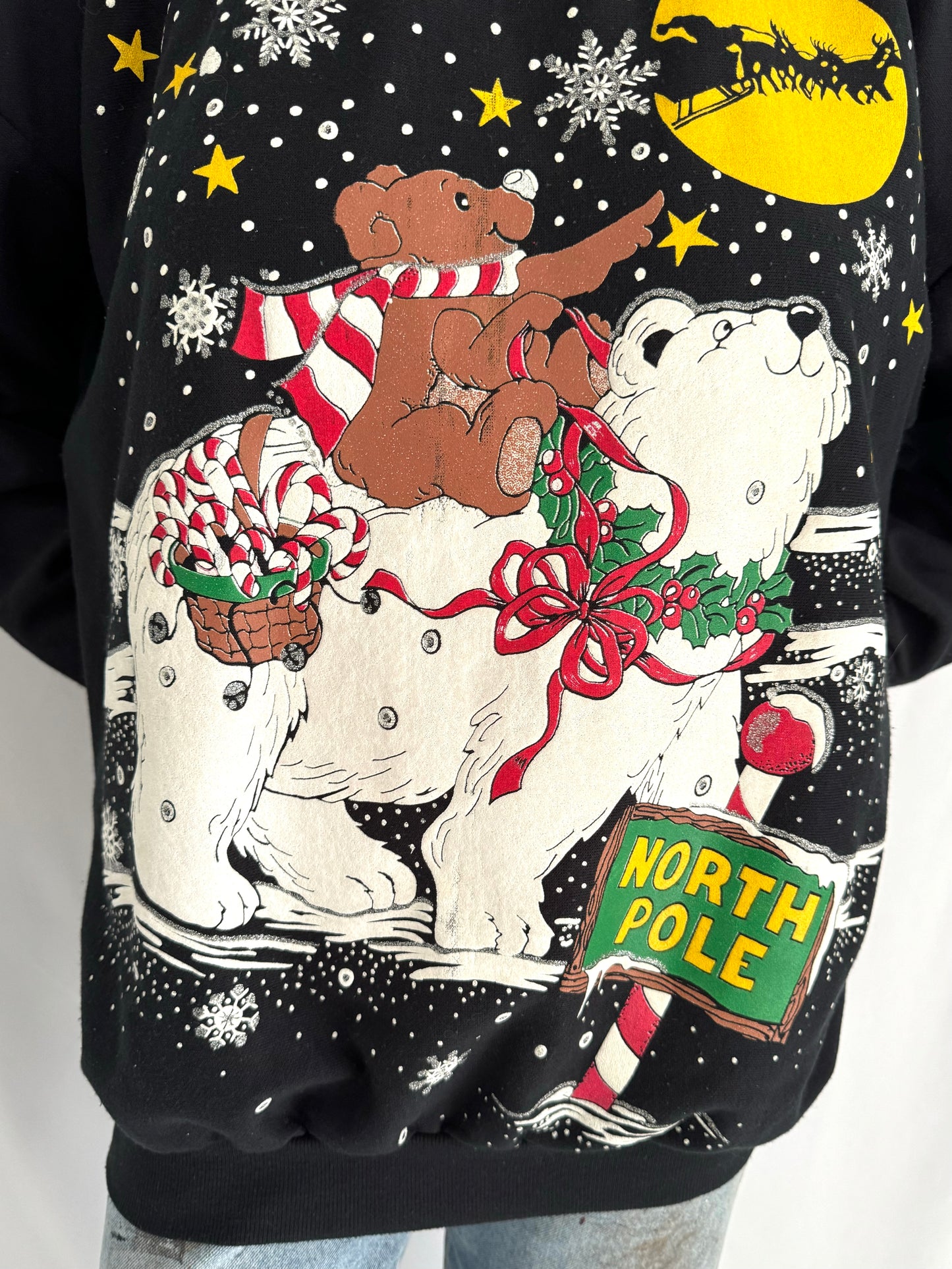 80s vintage black christmas scene teddy bear graphic pullover sweater – large | festive winter holiday santa snowy outdoor collared jumper