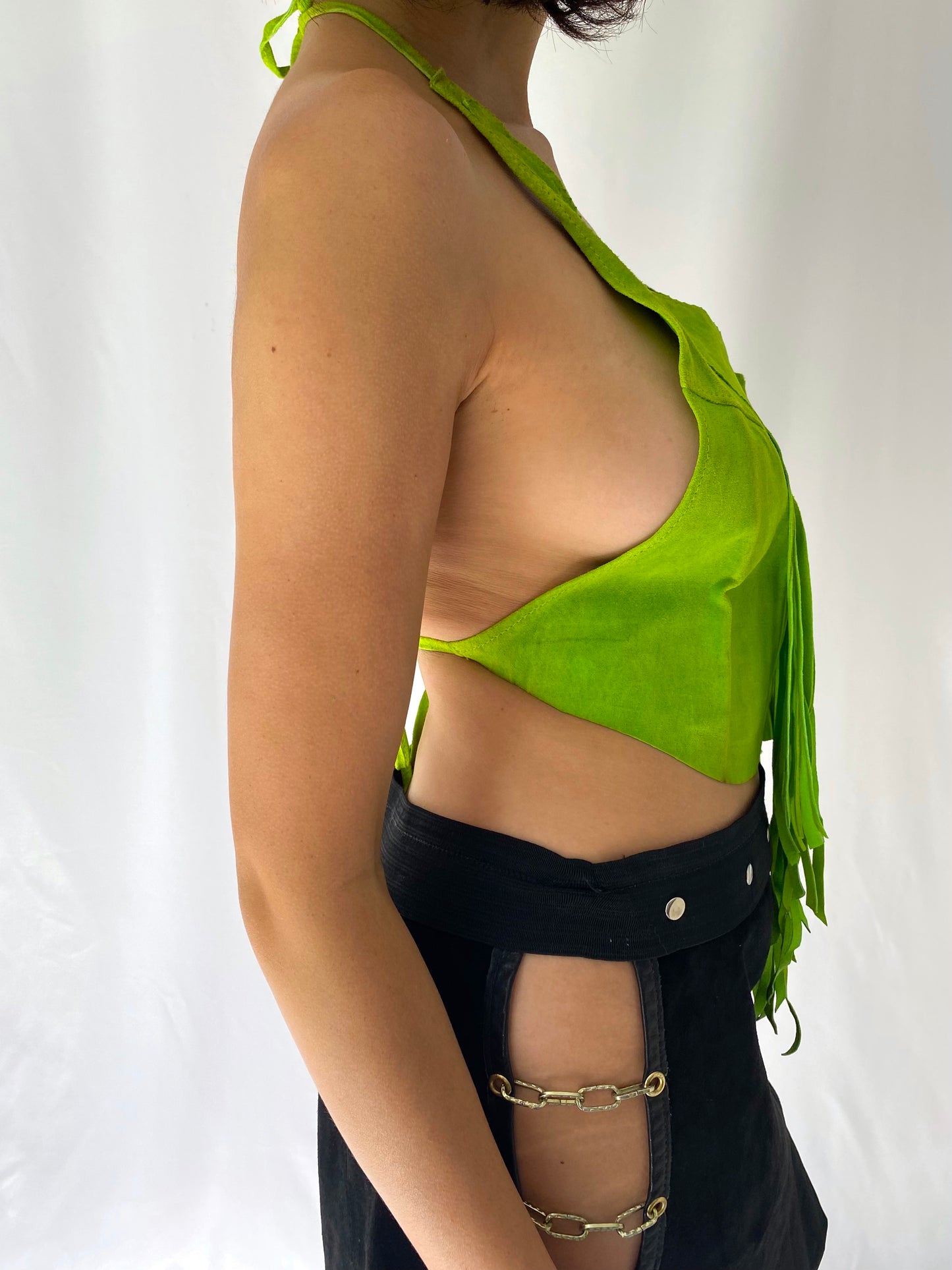 80s 90s vintage handmade green suede leather fringe halter top – one size | festival western backless tank