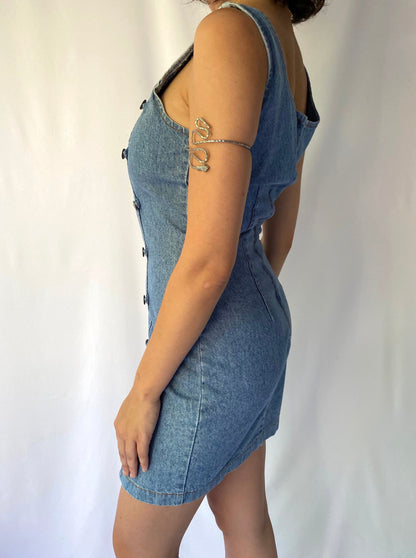 90s vintage light blue denim classic fitted sleeveless mini dress – small | switch usa bodycon retro jean buttons zip summer short minidress